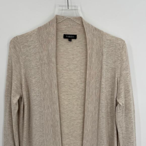 Caroll Paris cardigan sweater 36 open front long line rib knit lagenlook tan - Picture 2 of 8